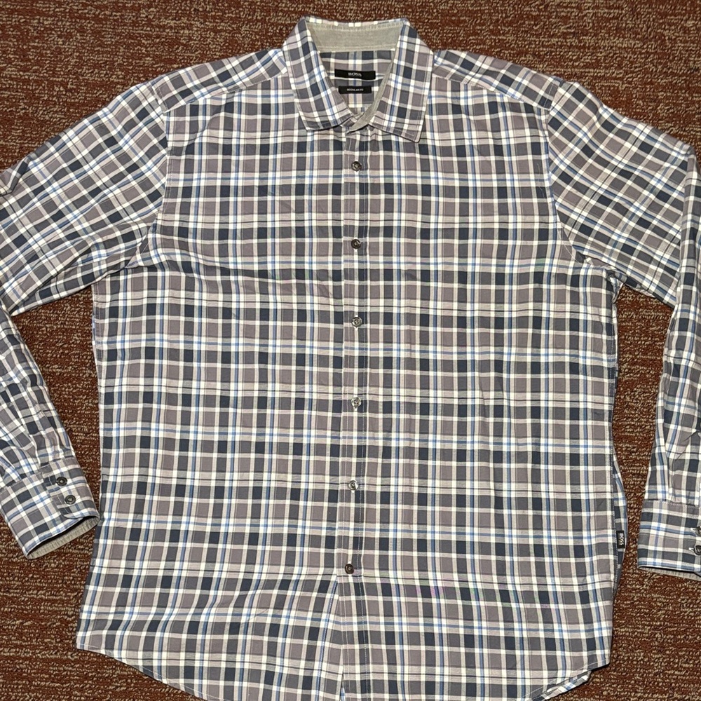 Hugo boss button down long sleeve collared shirt mens plaid dress shirt XL